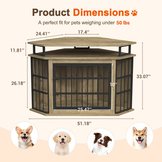 51" Corner Dog Crate Furniture, Wooden Dog Kennel Furniture with 2-Tier Shelves, Decorative Wood Dog House for Small/Medium/Large Dog, Space-Saving Dog Cage for TV Stand
