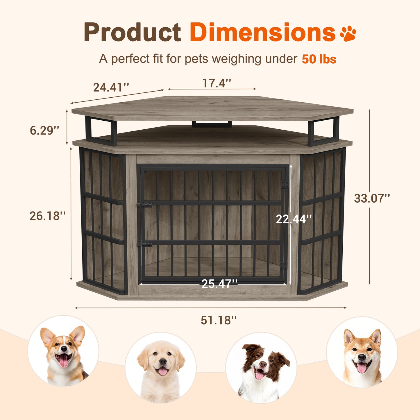 Corner Dog Crate Furniture with 2-Tier Shelves，51" Large Dog Kennel Indoor Wooden TV Stand, Modern Dog Cage Decorative Pet House