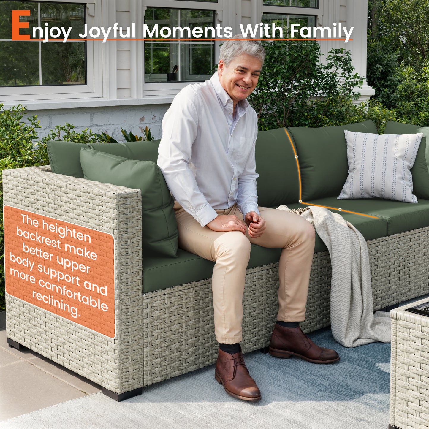 VONZOY 8 Piece Patio Furniture Set with 44" Fire Pit Table, Outdoor Sectional Wicker Rattan Sofa Set with Coffee Table (Green/Grey)