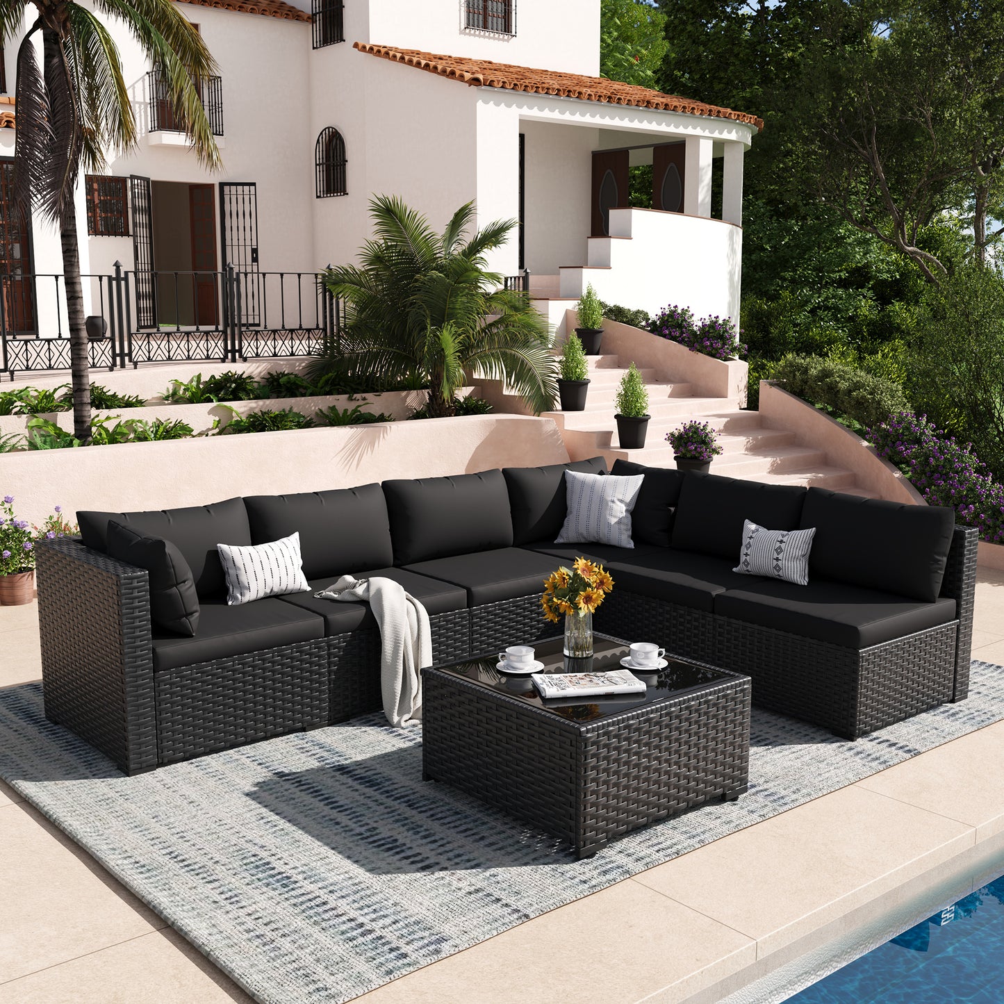 VONZOY Patio Furniture Set, 7-Piece Outdoor Sectional All-Weather Wicker Patio Conversation Set for Backyard, Poolside, Garden, Black