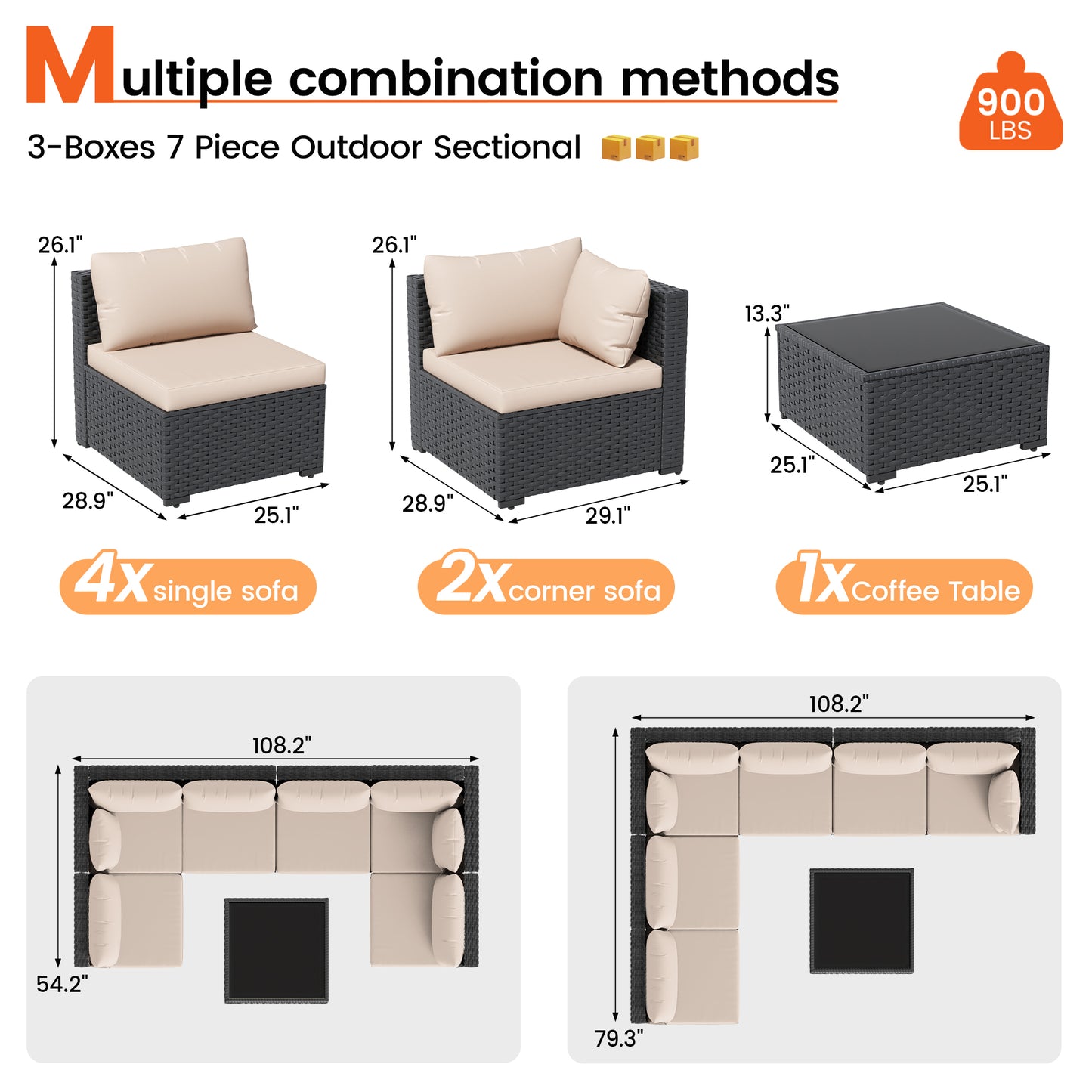 VONZOY Patio Furniture Set, 7-Piece Outdoor Sectional All-Weather Wicker Patio Conversation Set for Backyard, Garden, Beige