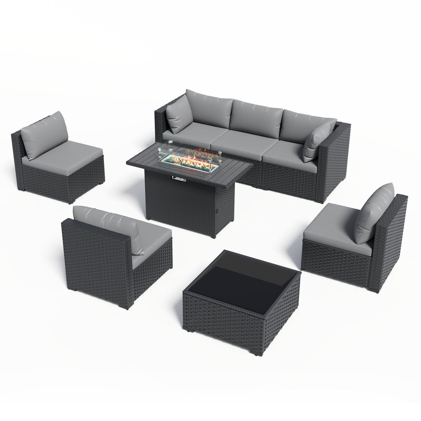 VONZOY 8 Piece Patio Furniture Set with 43" Fire Pit Table, Outdoor Sectional Wicker Rattan Sofa Set with Coffee Table (Grey/Black)
