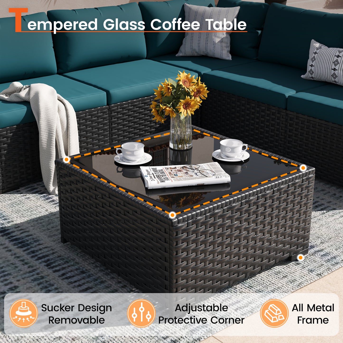 VONZOY Patio Furniture Set, 7-Piece Outdoor Sectional All-Weather Wicker Patio Conversation Set for Backyard, Garden, Peacock Blue