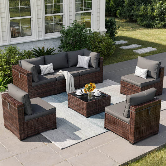 7 Pieces Patio Furniture Set, Modular Outdoor Sectional Sofa Couch with Waterproof Cover & Coffee Table, Wicker Backyard Conversation Sets for Deck, Poolside, Garden (Brown/Dark Grey Cushion)