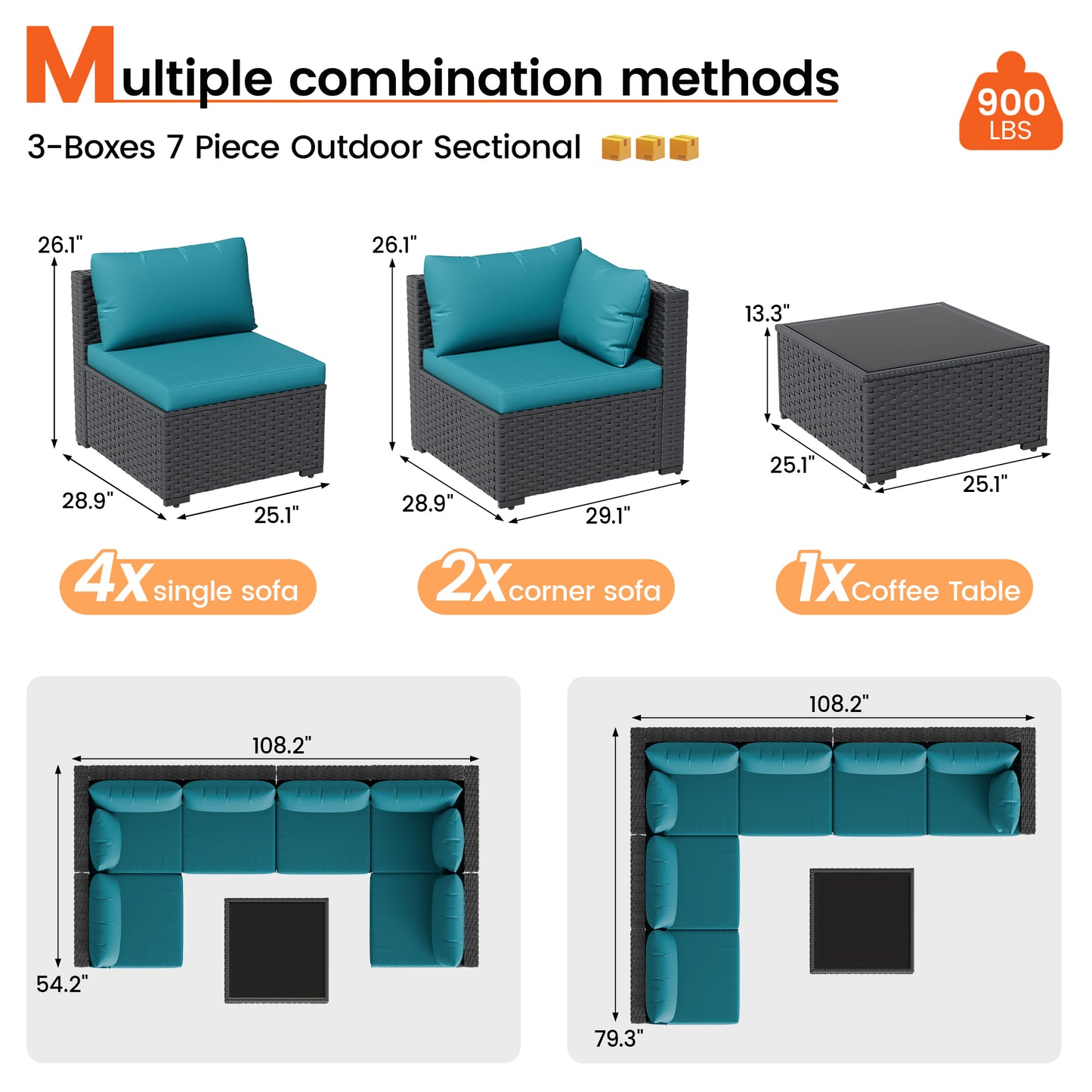 VONZOY Patio Furniture Set, 7-Piece Outdoor Sectional All-Weather Wicker Patio Conversation Set for Backyard, Garden, Peacock Blue