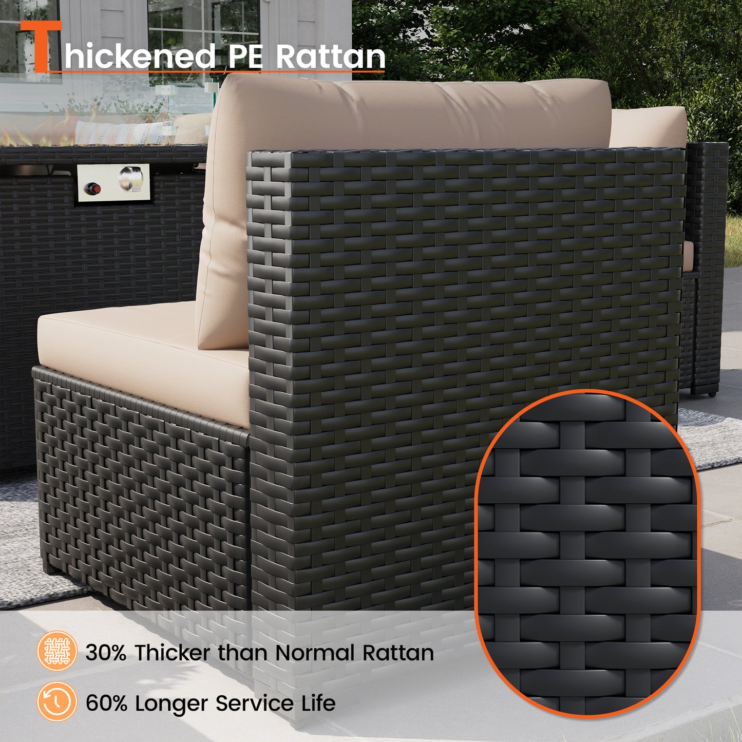 VONZOY 8 Piece Patio Furniture Set with 43" Fire Pit Table, Outdoor Sectional Wicker Rattan Sofa Set with Coffee Table (Beige/Black)