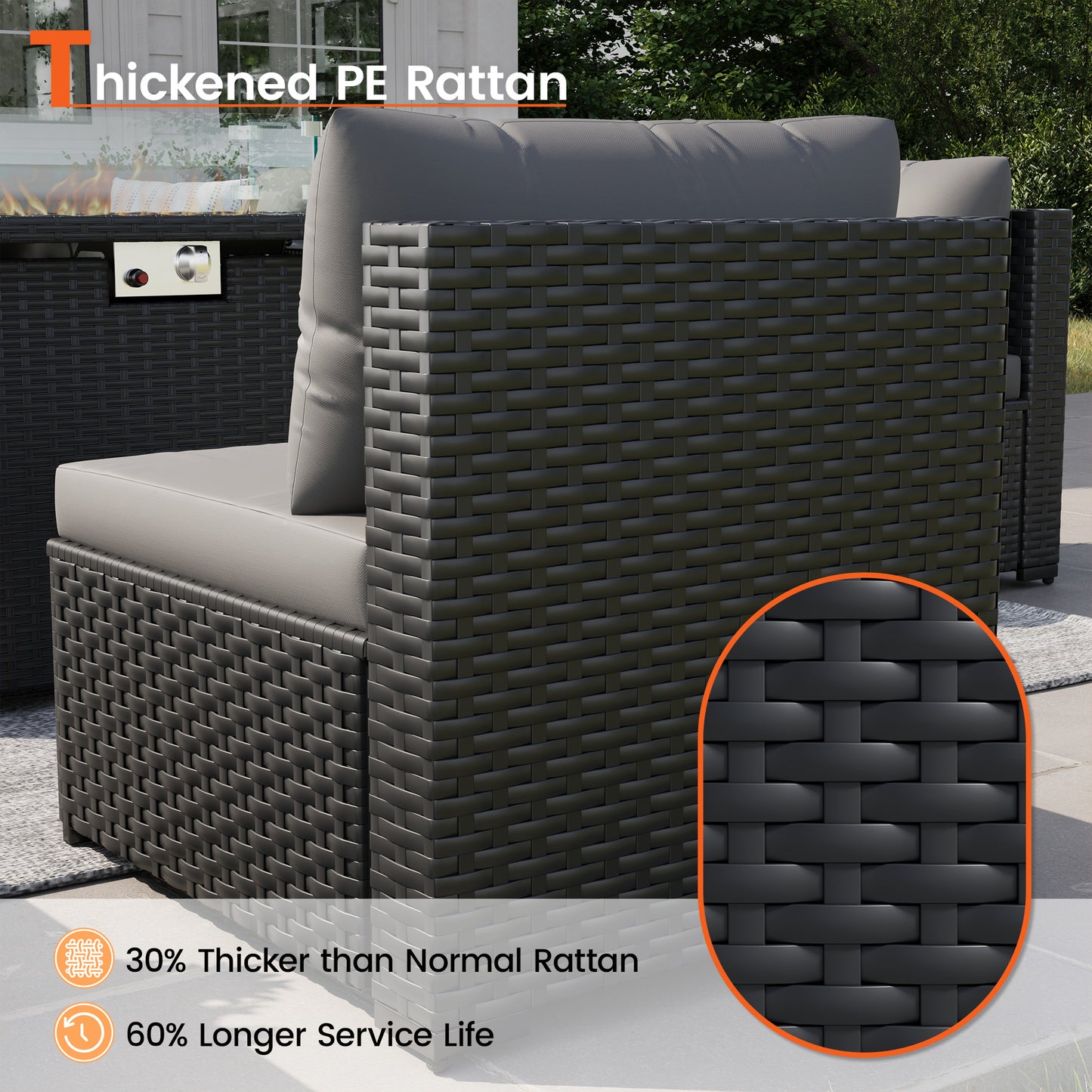 VONZOY 8 Piece Patio Furniture Set with 43" Fire Pit Table, Outdoor Sectional Wicker Rattan Sofa Set with Coffee Table (Grey/Black)