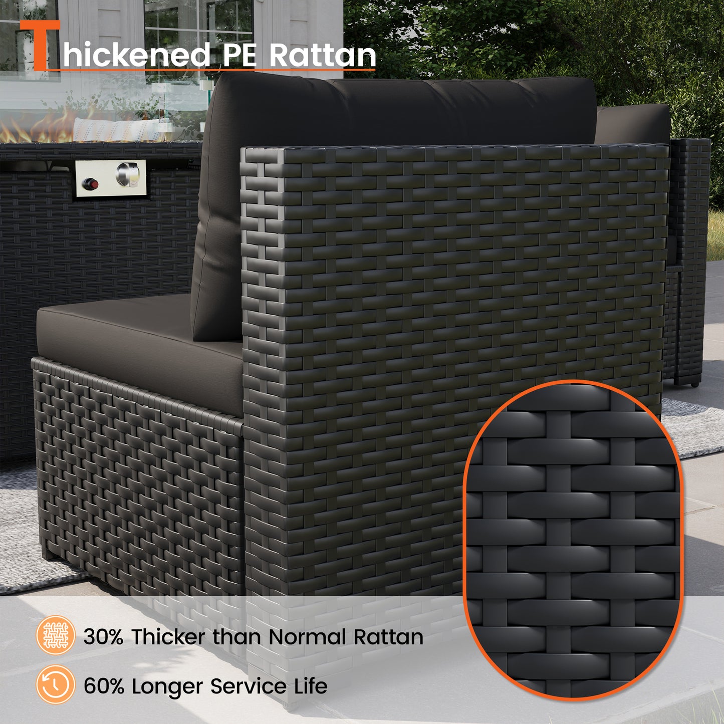 VONZOY 8 Piece Patio Furniture Set with 43" Fire Pit Table, Outdoor Sectional Wicker Rattan Sofa Set with Coffee Table (Black/Black)