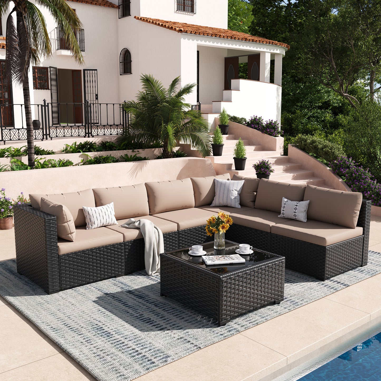 VONZOY Patio Furniture Set, 7-Piece Outdoor Sectional All-Weather Wicker Patio Conversation Set for Backyard, Garden, Beige