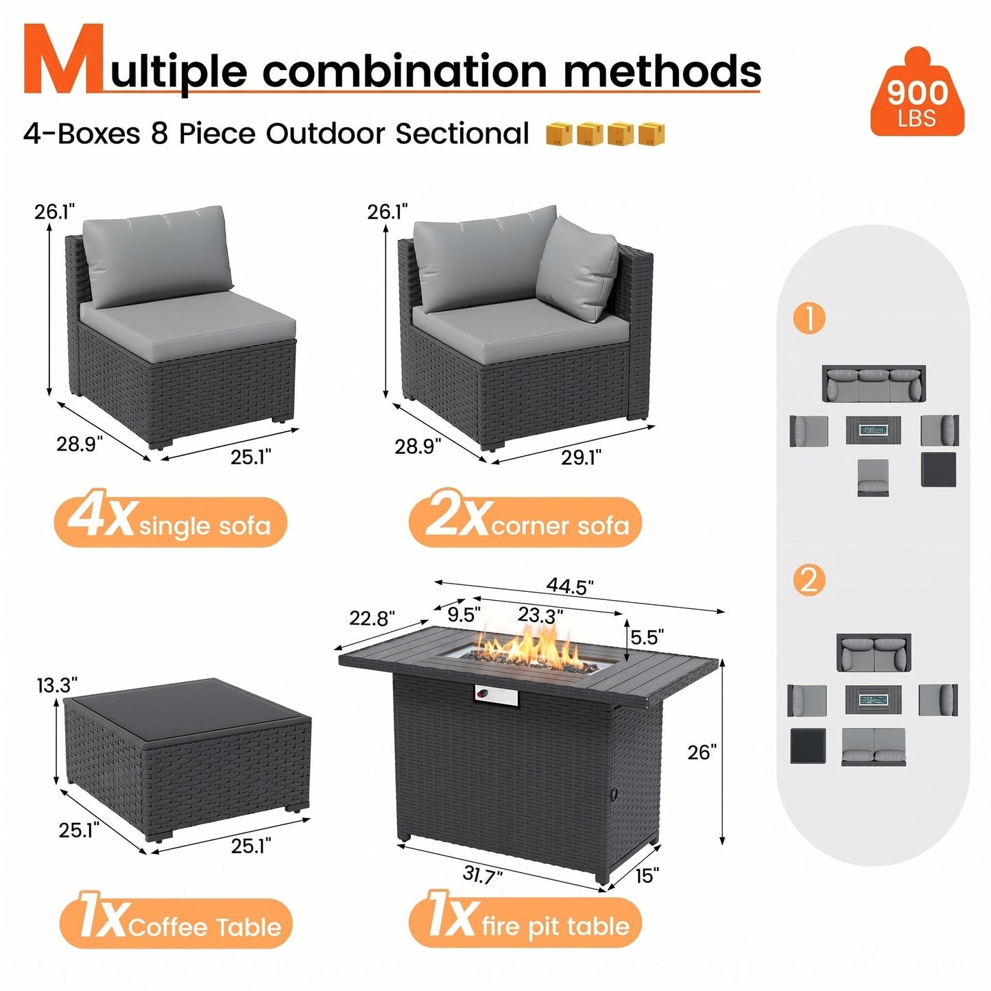 VONZOY 8 Piece Patio Furniture Set with 43" Fire Pit Table, Outdoor Sectional Wicker Sofa Set with Coffee Table (Grey/Black)