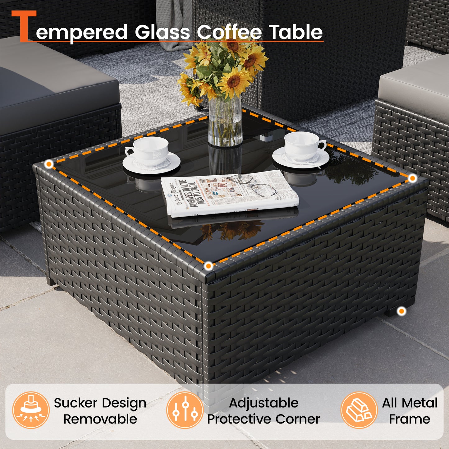VONZOY 8 Piece Patio Furniture Set with 43" Fire Pit Table, Outdoor Sectional Wicker Rattan Sofa Set with Coffee Table (Grey/Black)