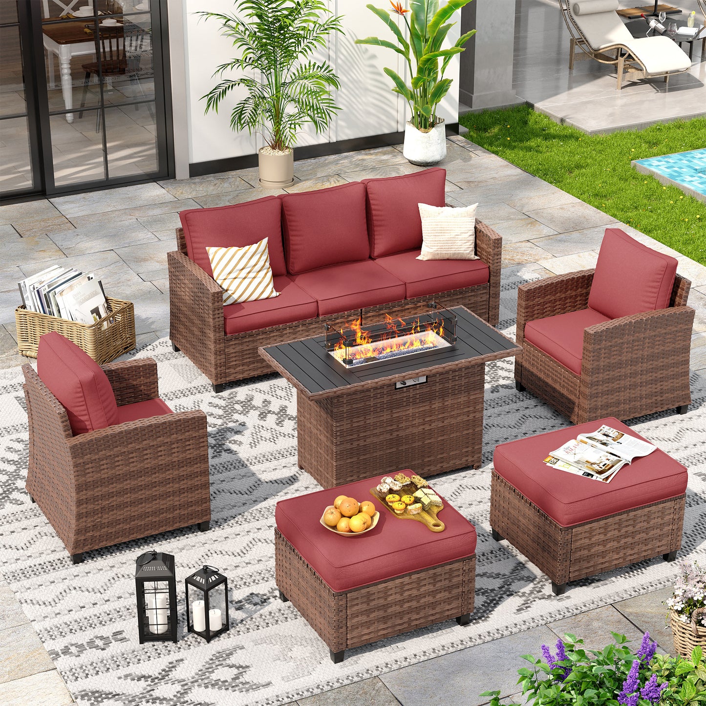 VONZOY 6 Pieces Patio Furniture Set with 44" Gas Fire Pit Table, Outdoor Sectional Sofas, All-Weather Wicker Rattan Sofa w/Gas Fire Pit, Ottoman, Thick Cushion, Wine Red