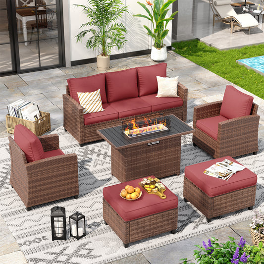 VONZOY 6 Pieces Patio Furniture Set with 44" Gas Fire Pit Table, Outdoor Sectional Sofas, All-Weather Wicker Rattan Sofa w/Gas Fire Pit, Ottoman, Thick Cushion, Wine Red