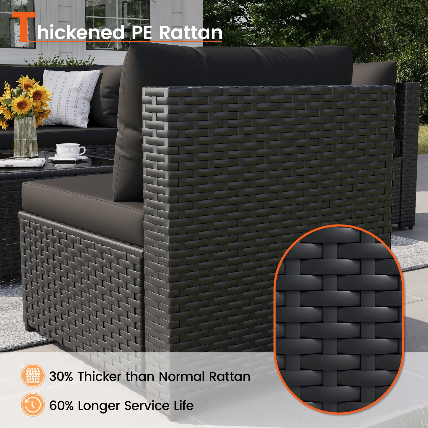 VONZOY Patio Furniture Set, 7-Piece Outdoor Sectional All-Weather Wicker Patio Conversation Set for Backyard, Poolside, Garden, Black