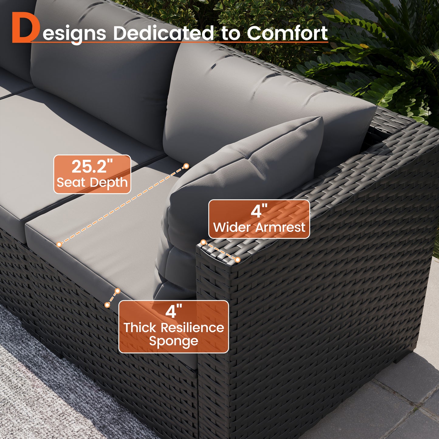VONZOY 8 Piece Patio Furniture Set with 43" Fire Pit Table, Outdoor Sectional Wicker Rattan Sofa Set with Coffee Table (Grey/Black)
