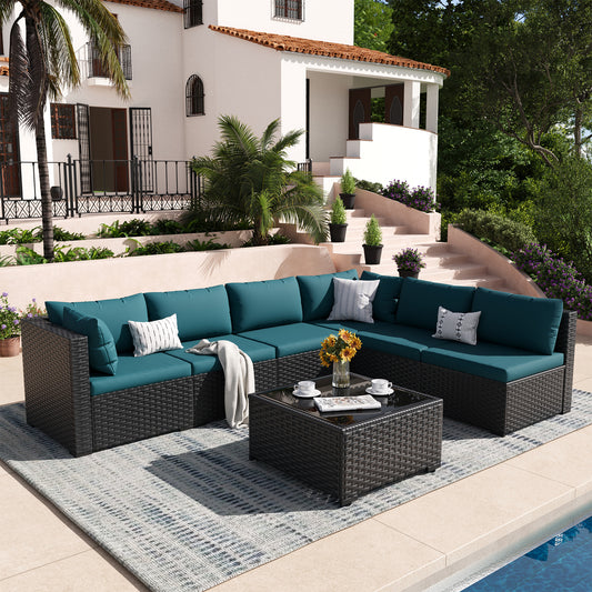 VONZOY Patio Furniture Set, 7-Piece Outdoor Sectional All-Weather Wicker Patio Conversation Set for Backyard, Garden, Peacock Blue
