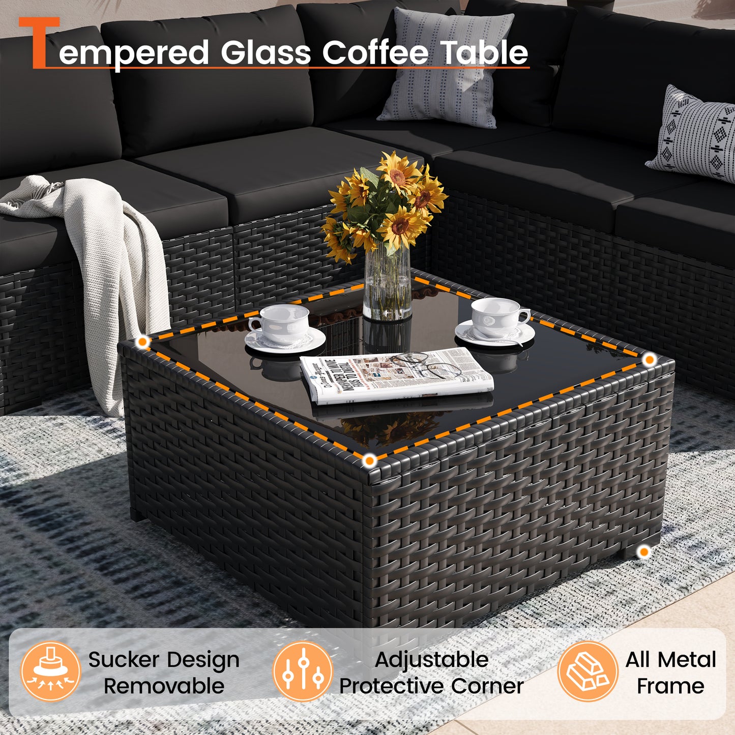 VONZOY Patio Furniture Set, 7-Piece Outdoor Sectional All-Weather Wicker Patio Conversation Set for Backyard, Poolside, Garden, Black