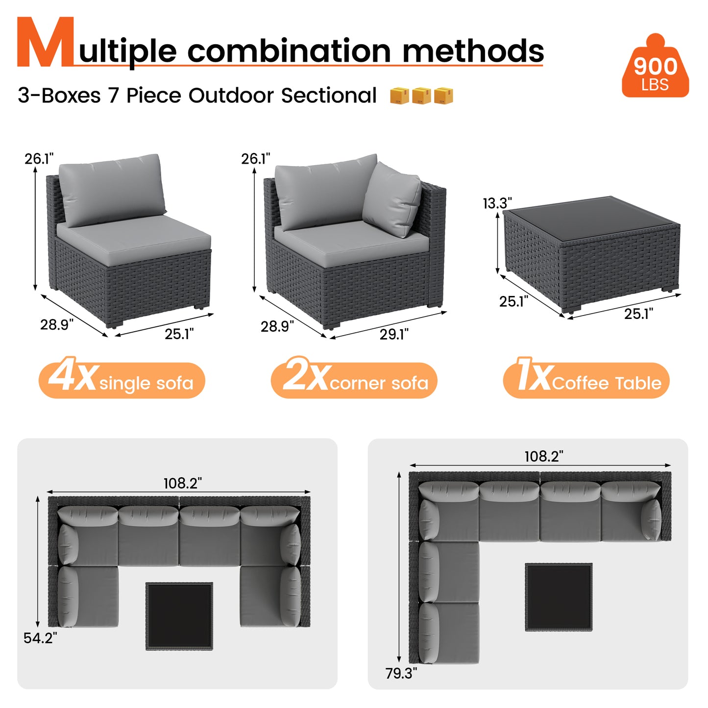 VONZOY Patio Furniture Set, 7-Piece Outdoor Sectional All-Weather Wicker Patio Conversation Set for Backyard, Garden, Grey