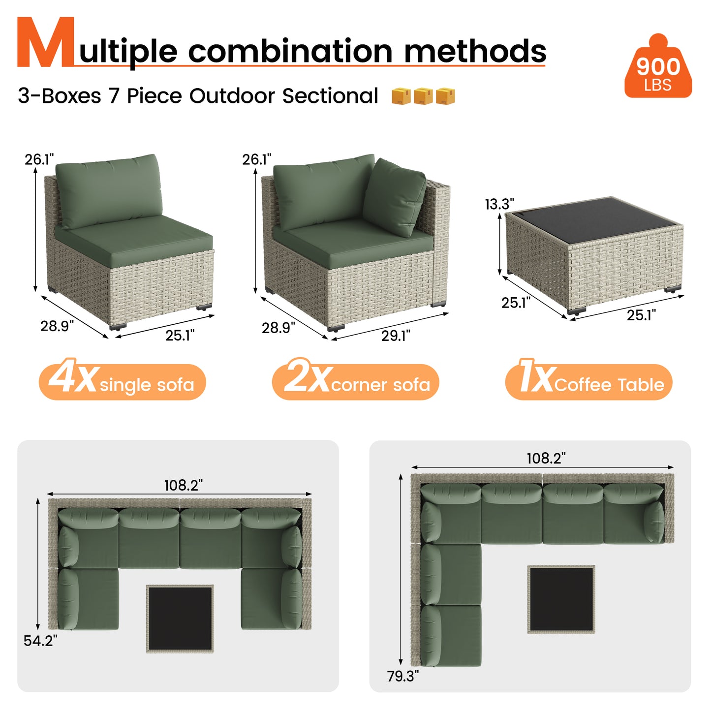 VONZOY Patio Furniture Set, 7-Piece Outdoor Sectional All-Weather Wicker Patio Conversation Set for Backyard (Green Cushions with Grey Rattan)