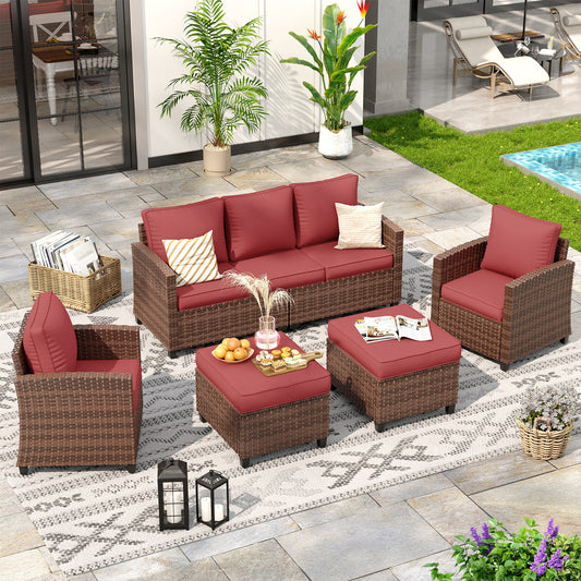VONZOY Patio Furniture Set, 5 Pieces Outdoor Sectional Couch with Chairs, Ottomans and Thick Cushions, All Weather Wicker Rattan Patio Conversation Set, Wine Red