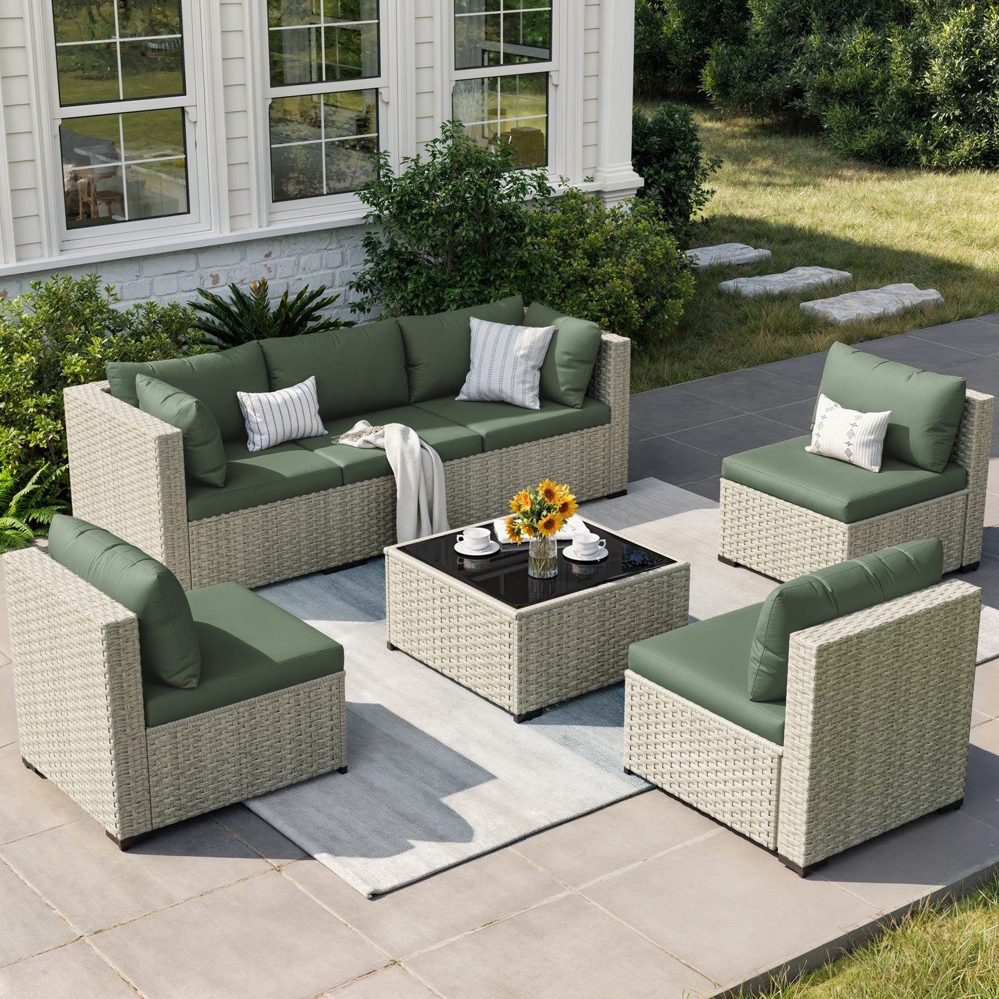 VONZOY Patio Furniture Set, 7-Piece Outdoor Sectional All-Weather Wicker Patio Conversation Set for Backyard (Green Cushions with Grey Rattan)