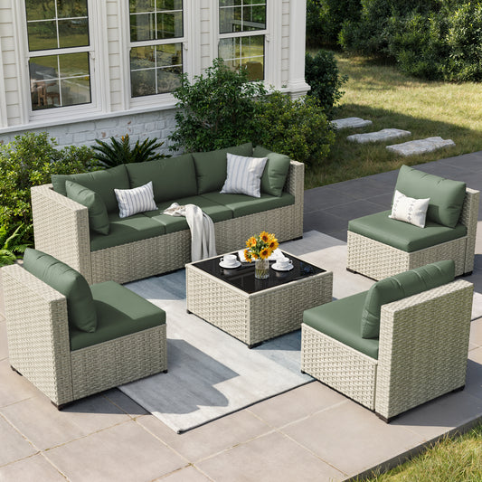 VONZOY Patio Furniture Set, 7-Piece Outdoor Sectional All-Weather Wicker Patio Conversation Set for Backyard (Green Cushions with Grey Rattan)