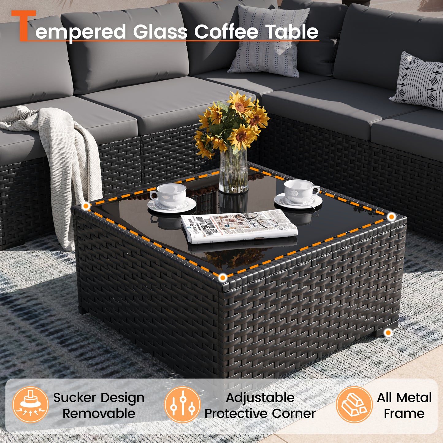 VONZOY Patio Furniture Set, 7-Piece Outdoor Sectional All-Weather Wicker Patio Conversation Set for Backyard, Garden, Grey
