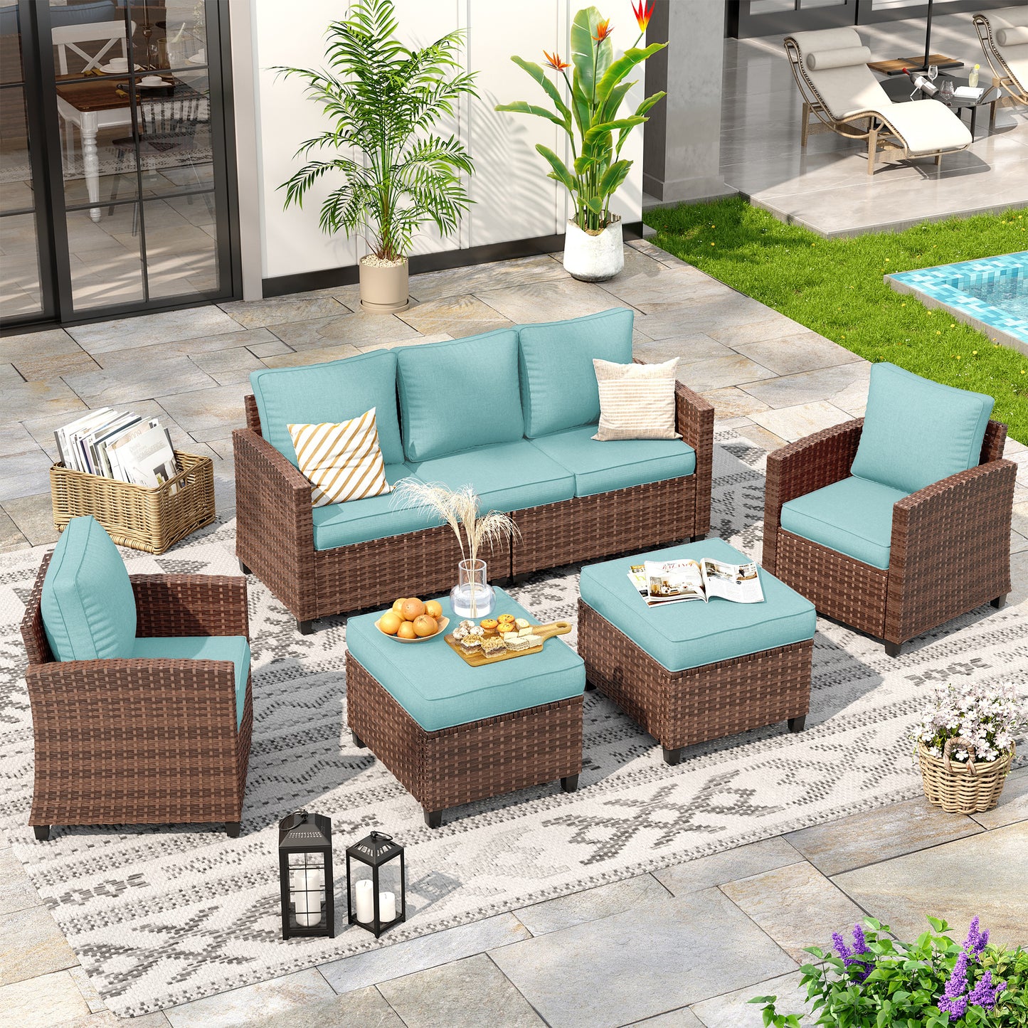VONZOY Patio Furniture Set, 5 Pieces Outdoor Sectional Couch with Chairs, Ottomans and Thick Cushions, All Weather Wicker Rattan Patio Conversation Set, Light Blue