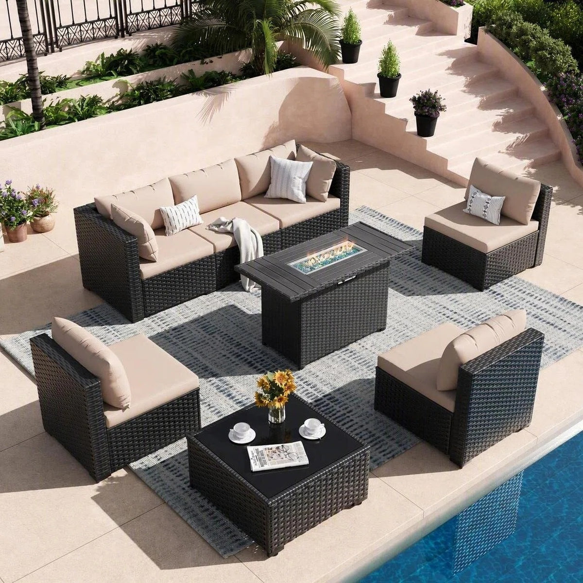 VONZOY 8 Piece Wicker Patio Furniture Set with 43" Fire Pit, Beige/Black