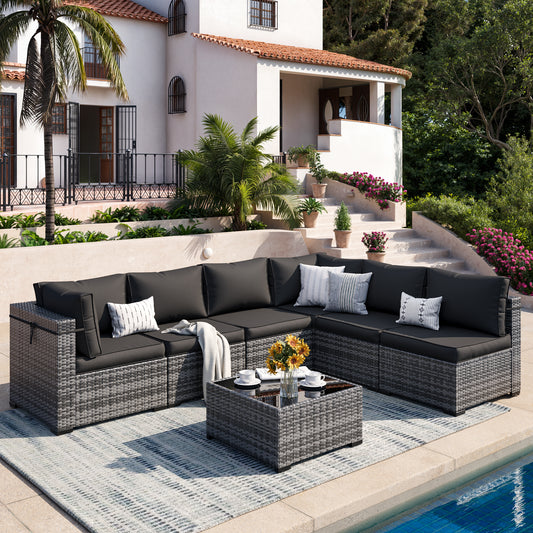 7 Pieces Patio Furniture Set, Modular Outdoor Sectional Sofa Couch with Waterproof Cover & Coffee Table, Wicker Backyard Conversation Sets for Deck, Poolside, Garden (Grey/Black Cushion)