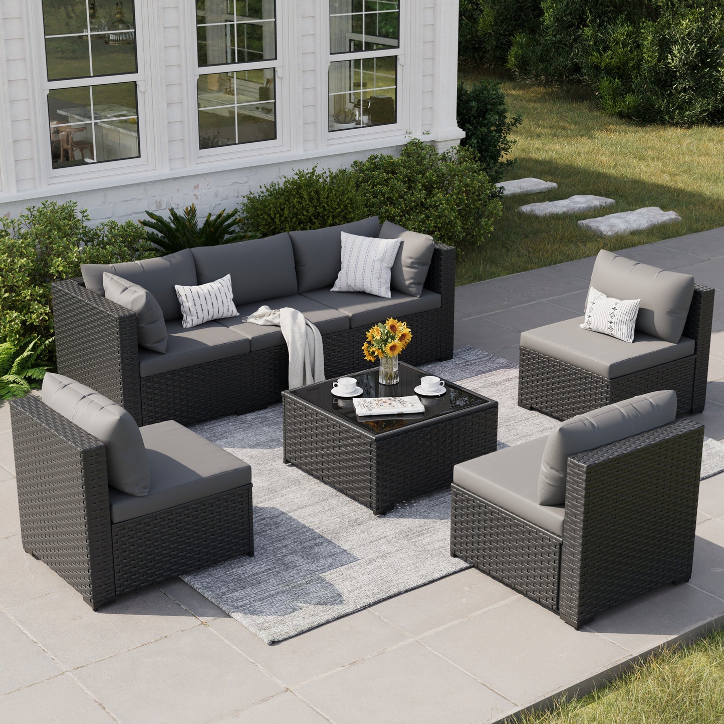 VONZOY Patio Furniture Set, 7-Piece Outdoor Sectional All-Weather Wicker Patio Conversation Set for Backyard, Garden, Grey