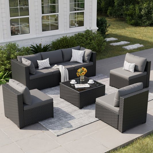 VONZOY Patio Furniture Set, 7-Piece Outdoor Sectional All-Weather Wicker Patio Conversation Set for Backyard, Garden, Grey