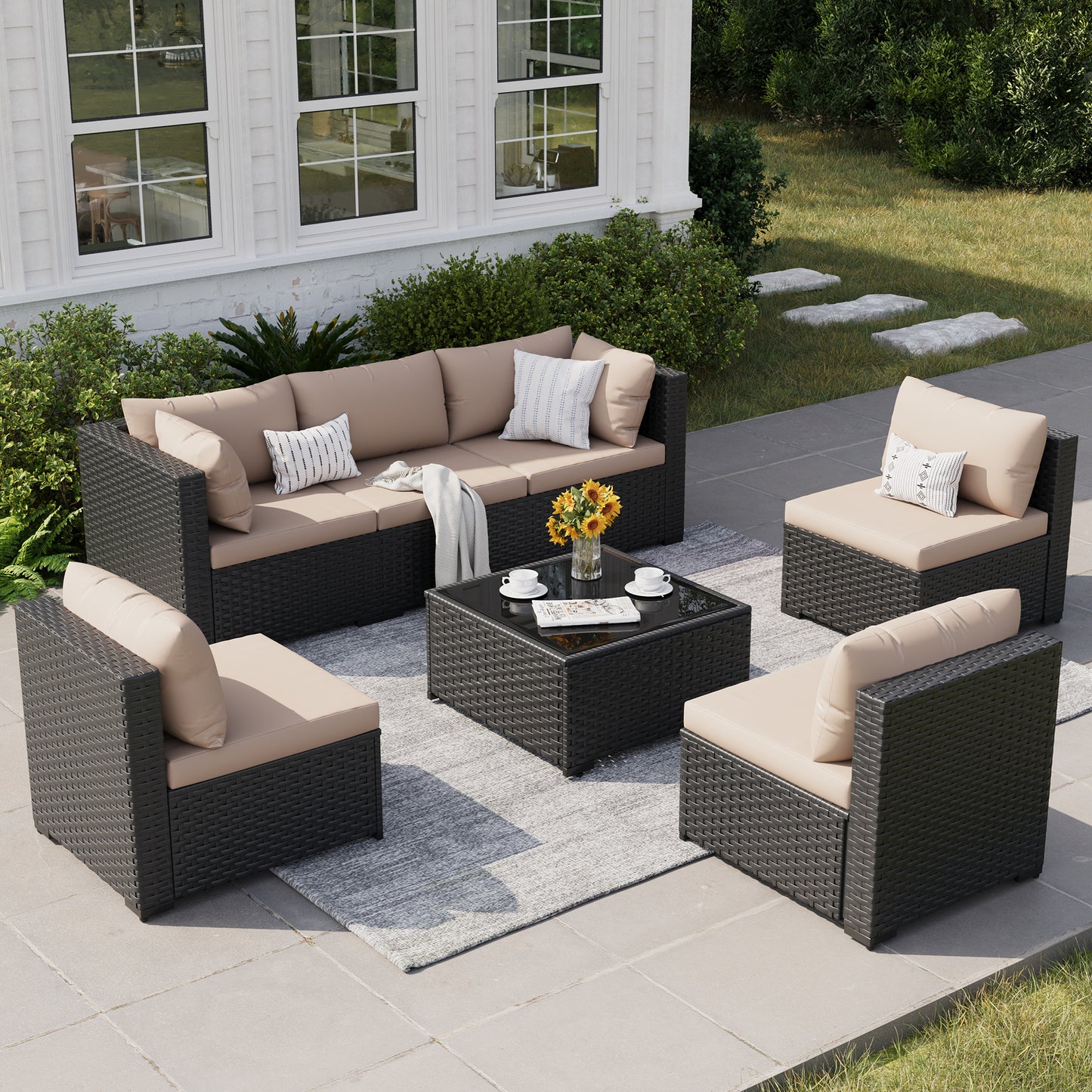 VONZOY Patio Furniture Set, 7-Piece Outdoor Sectional All-Weather Wicker Patio Conversation Set for Backyard, Garden, Beige