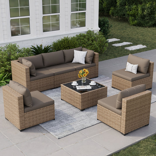 VONZOY Patio Furniture Set, 7-Piece Outdoor Wicker Sectional Sofa, Brown
