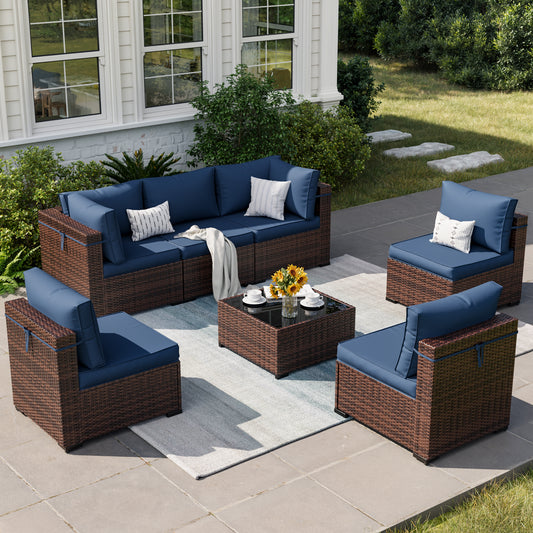7 Pieces Patio Furniture Set, Modular Outdoor Sectional Sofa Couch with Waterproof Cover & Coffee Table, Wicker Backyard Conversation Sets for Deck, Poolside, Garden (Brown/Navy Blue Cushion)