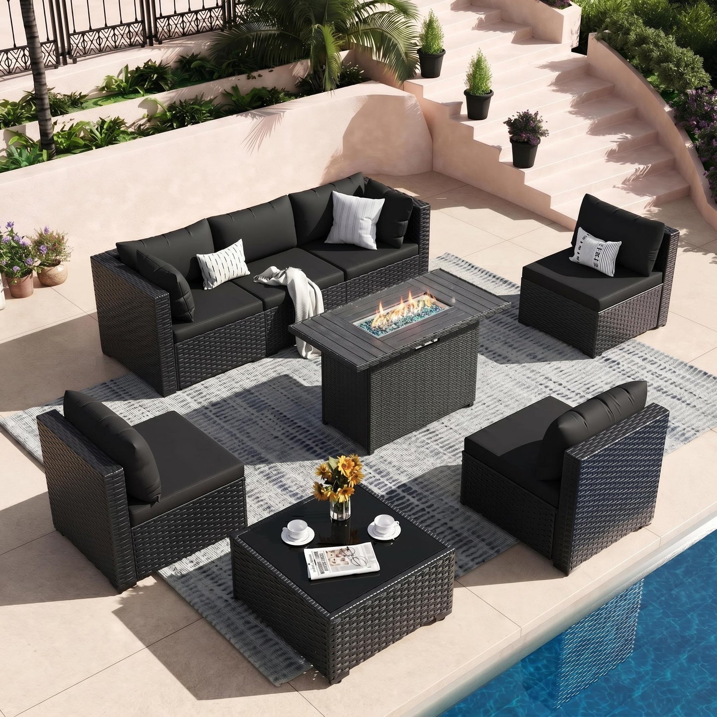 VONZOY 8 Piece Patio Furniture Set with 43" Fire Pit Table, Outdoor Sectional Wicker Sofa Set with Coffee Table (Black/Black)