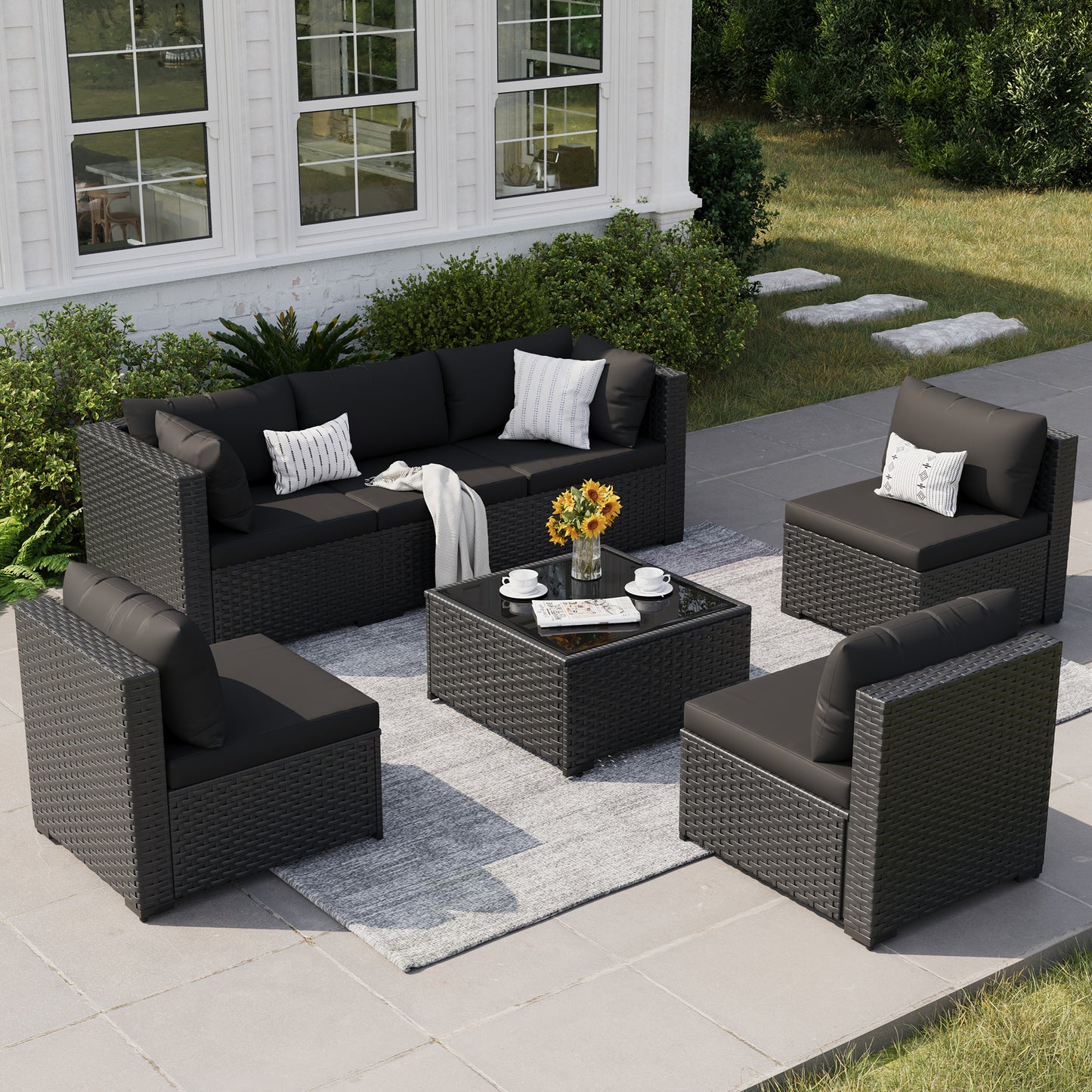 VONZOY Patio Furniture Set, 7-Piece Outdoor Sectional All-Weather Wicker Patio Conversation Set for Backyard, Poolside, Garden, Black