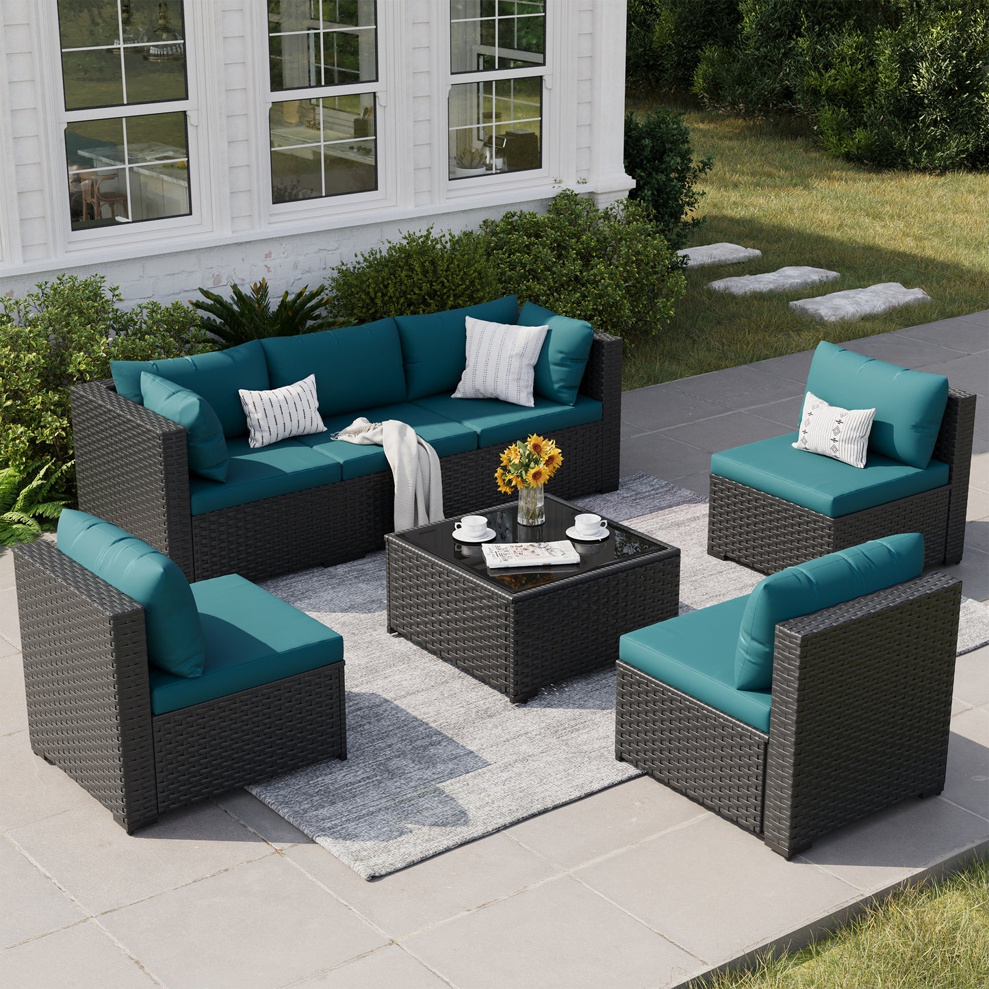 VONZOY Patio Furniture Set, 7-Piece Outdoor Sectional All-Weather Wicker Patio Conversation Set for Backyard, Garden, Peacock Blue