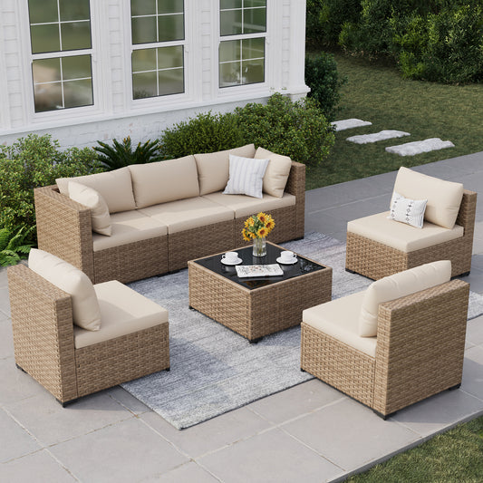 VONZOY Patio Furniture Set, 7-Piece Outdoor Wicker Sectional Sofa, White