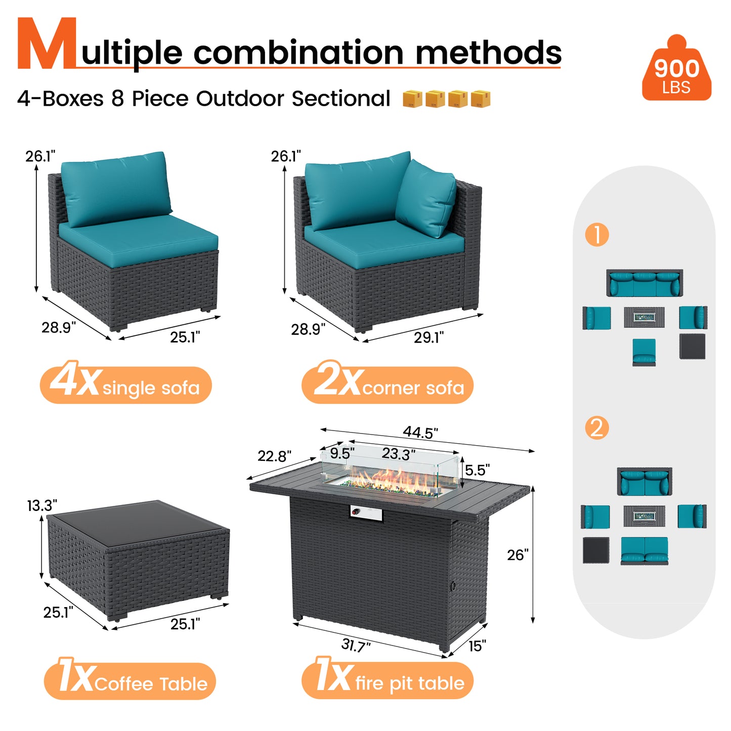 VONZOY 8 Piece Patio Furniture Set with 43" Fire Pit Table, Outdoor Sectional Wicker Rattan Sofa Set with Coffee Table (Peacock Blue/Black)