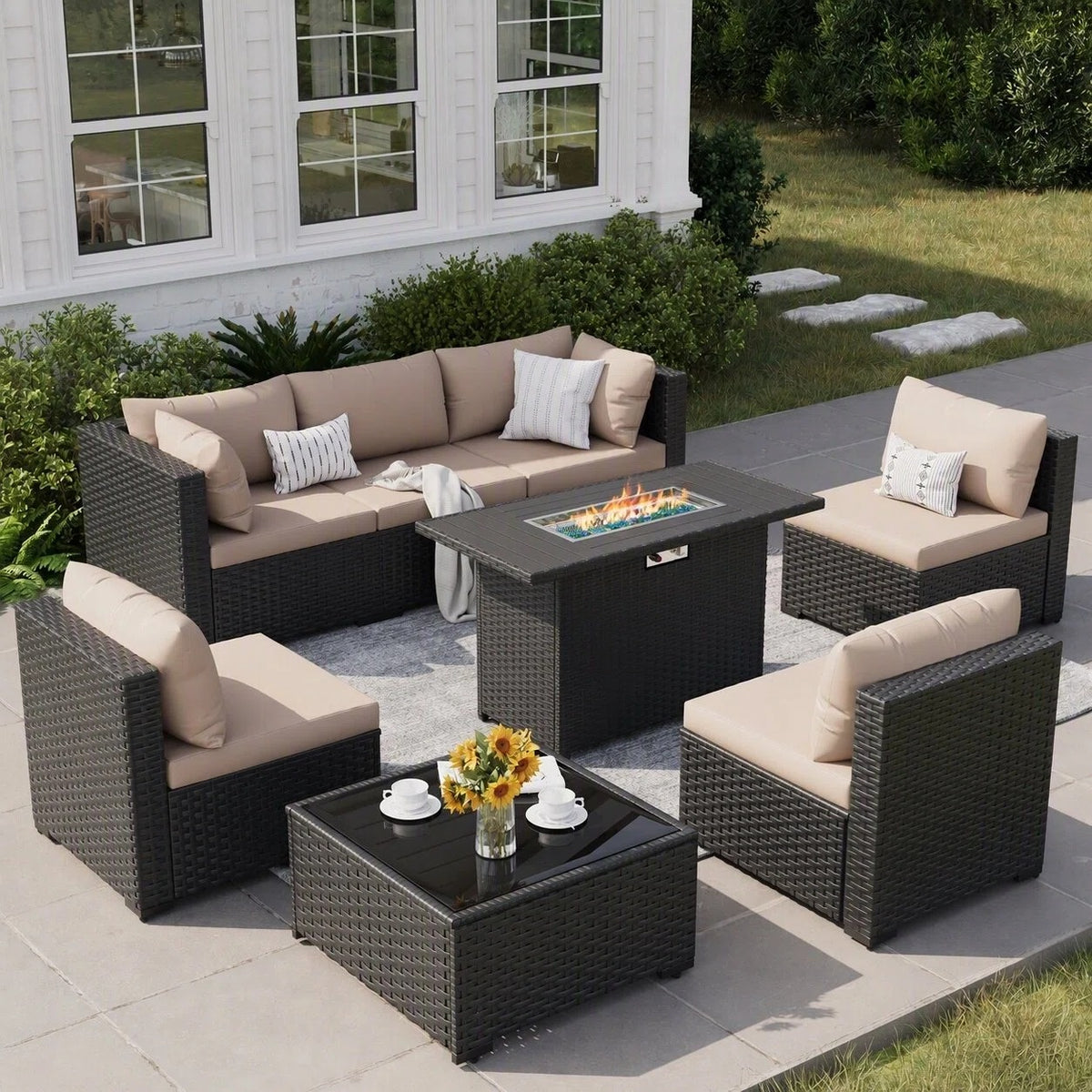 VONZOY 8 Piece Wicker Patio Furniture Set with 43" Fire Pit, Beige/Black