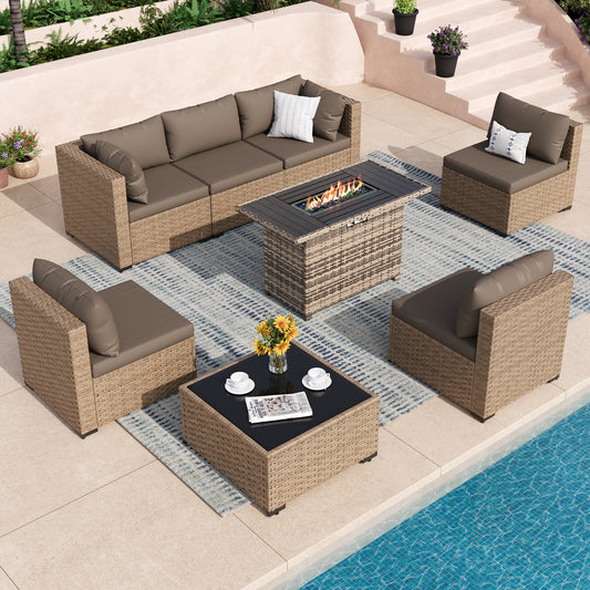 VONZOY 8 Piece Patio Furniture Set with 43" Fire Pit Table, Brown/Yellow