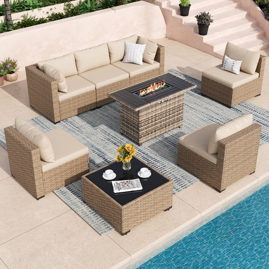 VONZOY 8 Piece Patio Furniture Set with 43" Fire Pit Table, White/Yellow