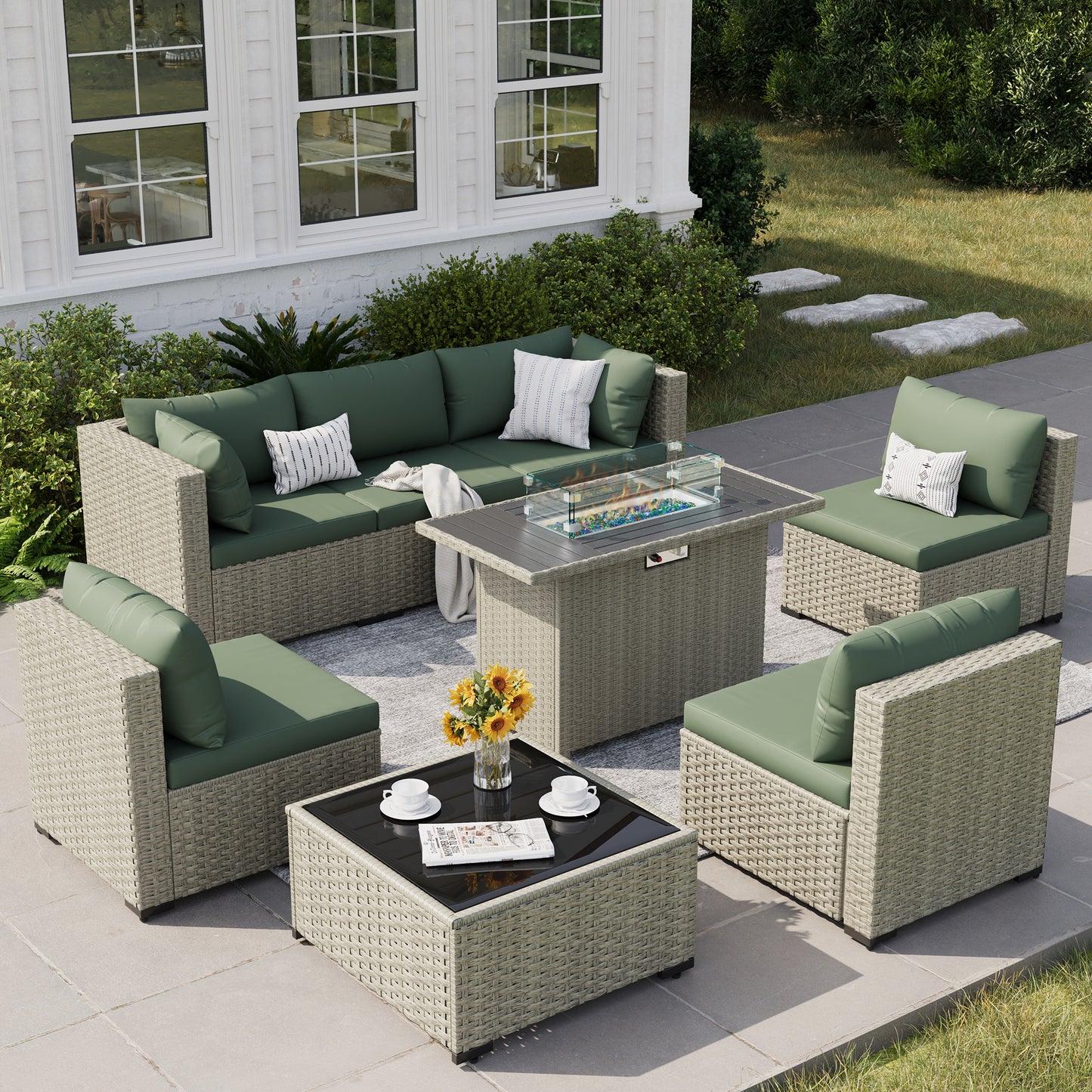 VONZOY 8 Piece Patio Furniture Set with 44" Fire Pit Table, Outdoor Sectional Wicker Rattan Sofa Set with Coffee Table (Green/Grey)