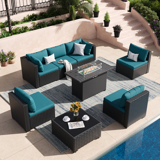 VONZOY 8 Piece Patio Furniture Set with 43" Fire Pit Table, Outdoor Sectional Wicker Rattan Sofa Set with Coffee Table (Peacock Blue/Black)