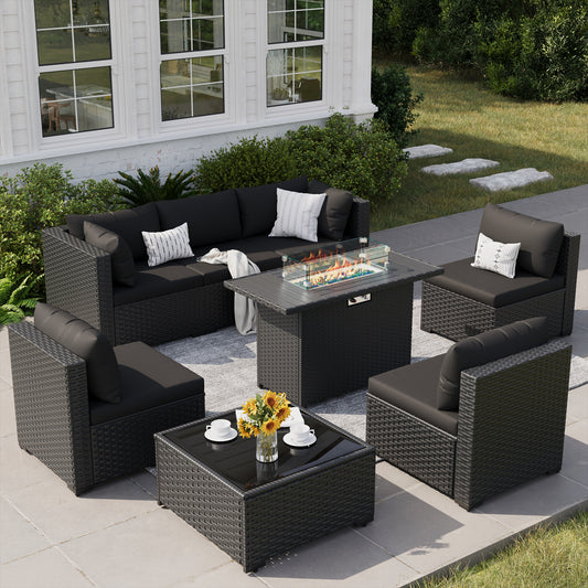 VONZOY 8 Piece Patio Furniture Set with 43" Fire Pit Table, Outdoor Sectional Wicker Rattan Sofa Set with Coffee Table (Black/Black)