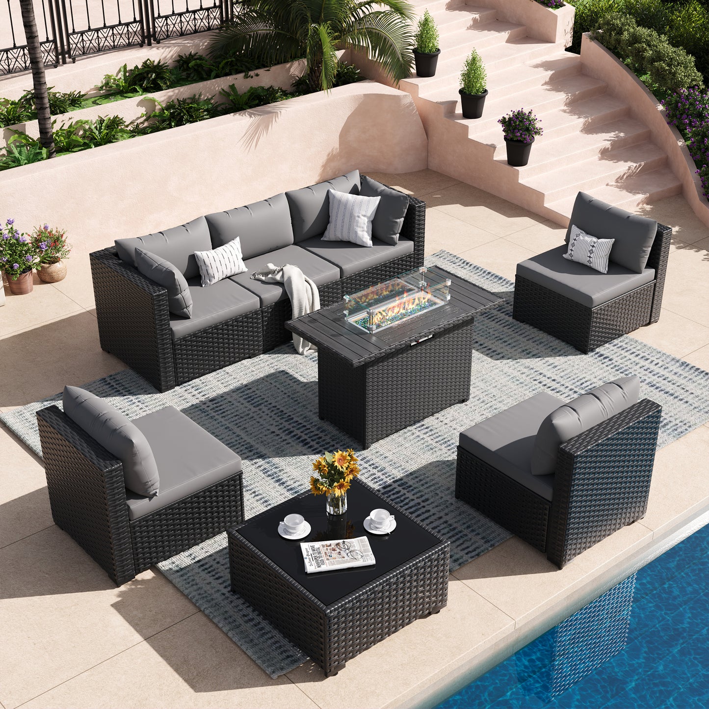 VONZOY 8 Piece Patio Furniture Set with 43" Fire Pit Table, Outdoor Sectional Wicker Rattan Sofa Set with Coffee Table (Grey/Black)