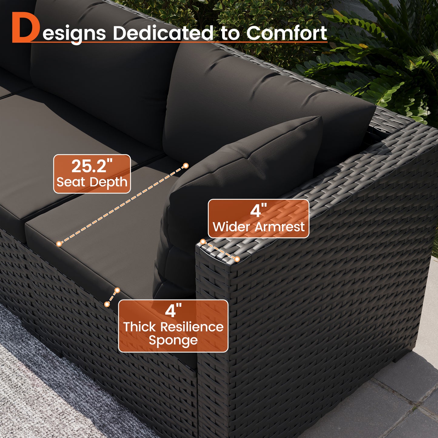 VONZOY Patio Furniture Set, 7-Piece Outdoor Sectional All-Weather Wicker Patio Conversation Set for Backyard, Poolside, Garden, Black