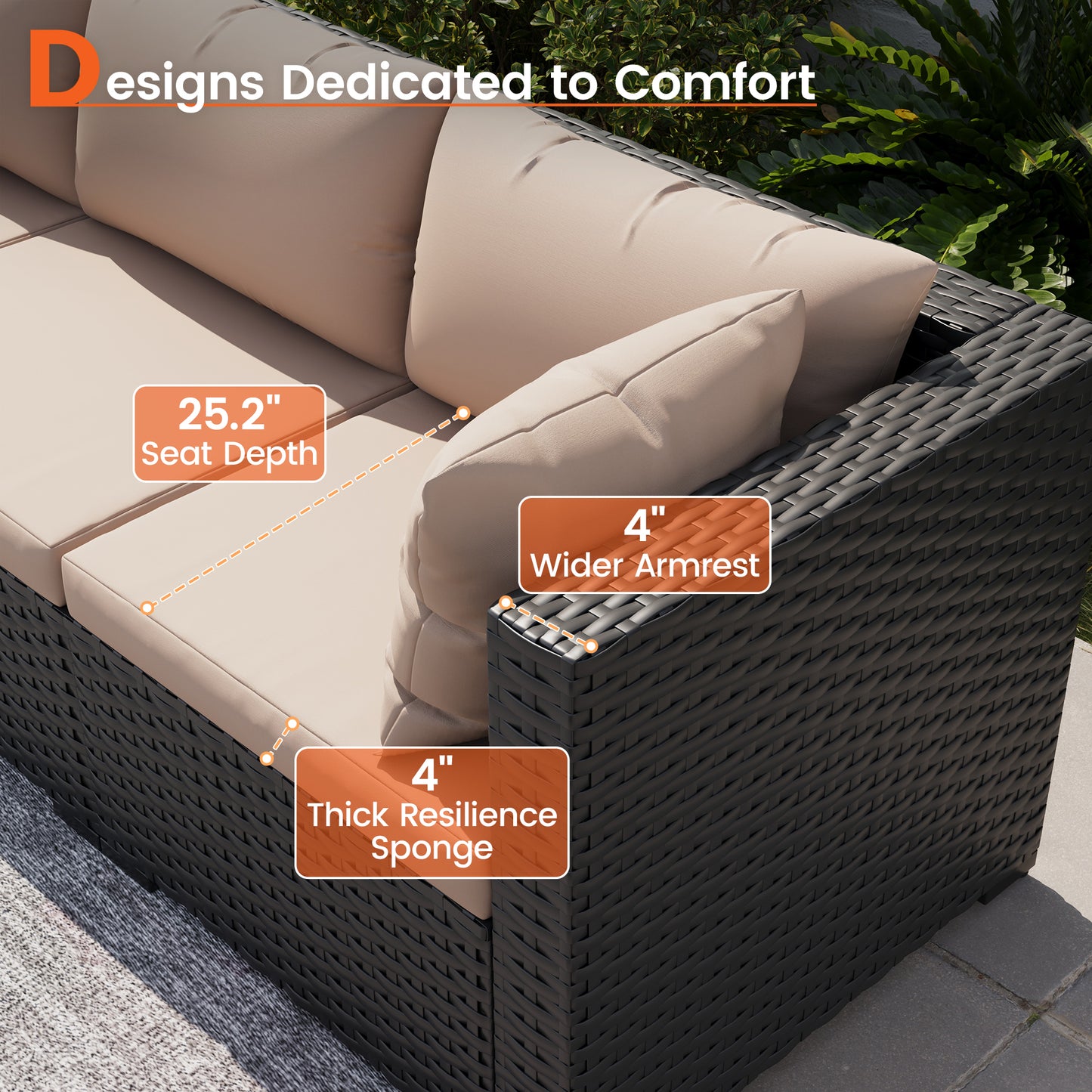 VONZOY 8 Piece Patio Furniture Set with 43" Fire Pit Table, Outdoor Sectional Wicker Rattan Sofa Set with Coffee Table (Beige/Black)