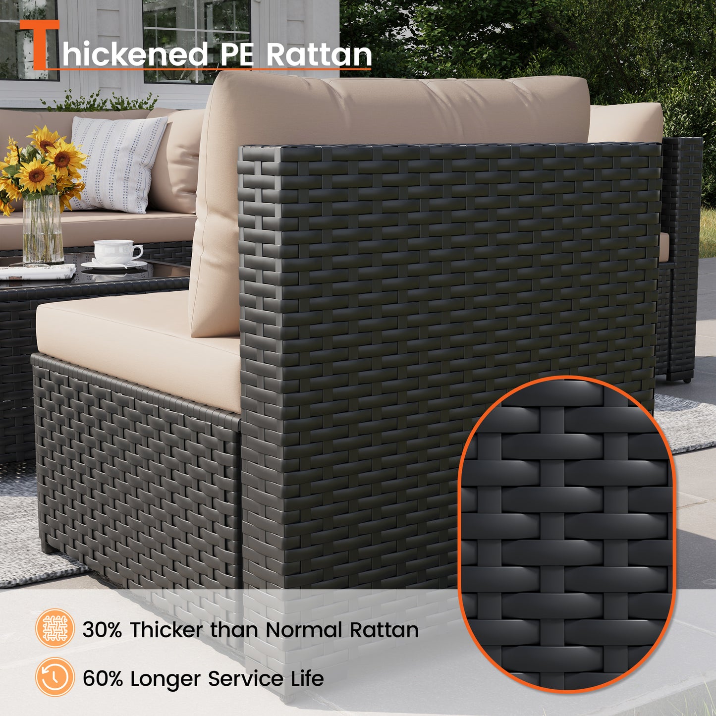 VONZOY Patio Furniture Set, 7-Piece Outdoor Sectional All-Weather Wicker Patio Conversation Set for Backyard, Garden, Beige
